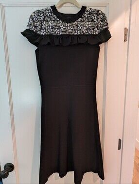 Elie Tahari Black Dress with Floral Crochet-Like Embroidery, Size Small
